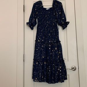 Navy blue with gold stars dress, mid length, worn once for baby shower!